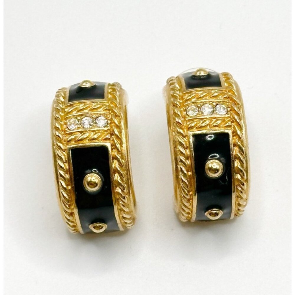 Swarovski Swan Signed Pierced Earrings‎ Black Enamel Clear Crystal Half Hoop
